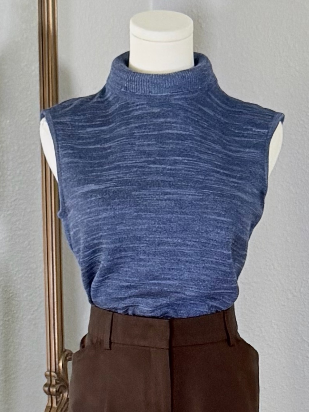 VTG Escada Blue Cashmere Wool Sleeveless Turtleneck Knit Top S Quiet Luxury